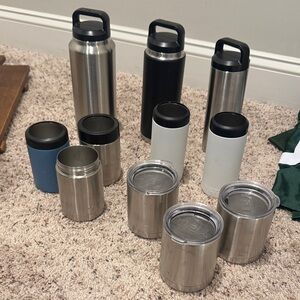Yeti Stainless Steel, Black, Blue, and Gray Bottle and Tumbler Set